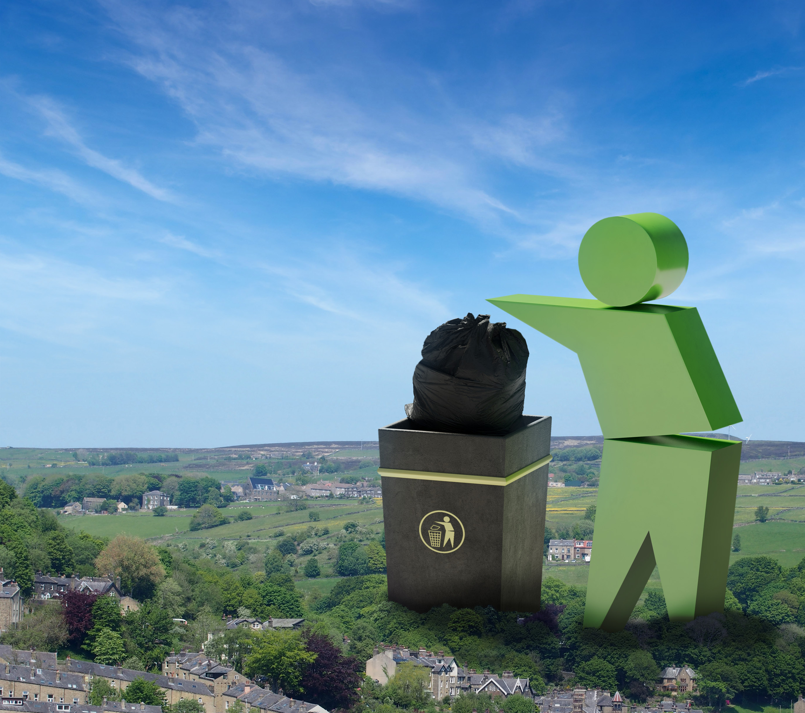 Keep Britain Tidy image showing a large green man putting a bin bag into a large bin with background of houses, open land and blue sky