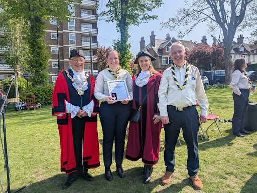 Leader of the Council, Councillor Barry Lewis with the Mayor and Deputy Mayor of Sutton with Rosemary Ritson receiving her Coronation Medal