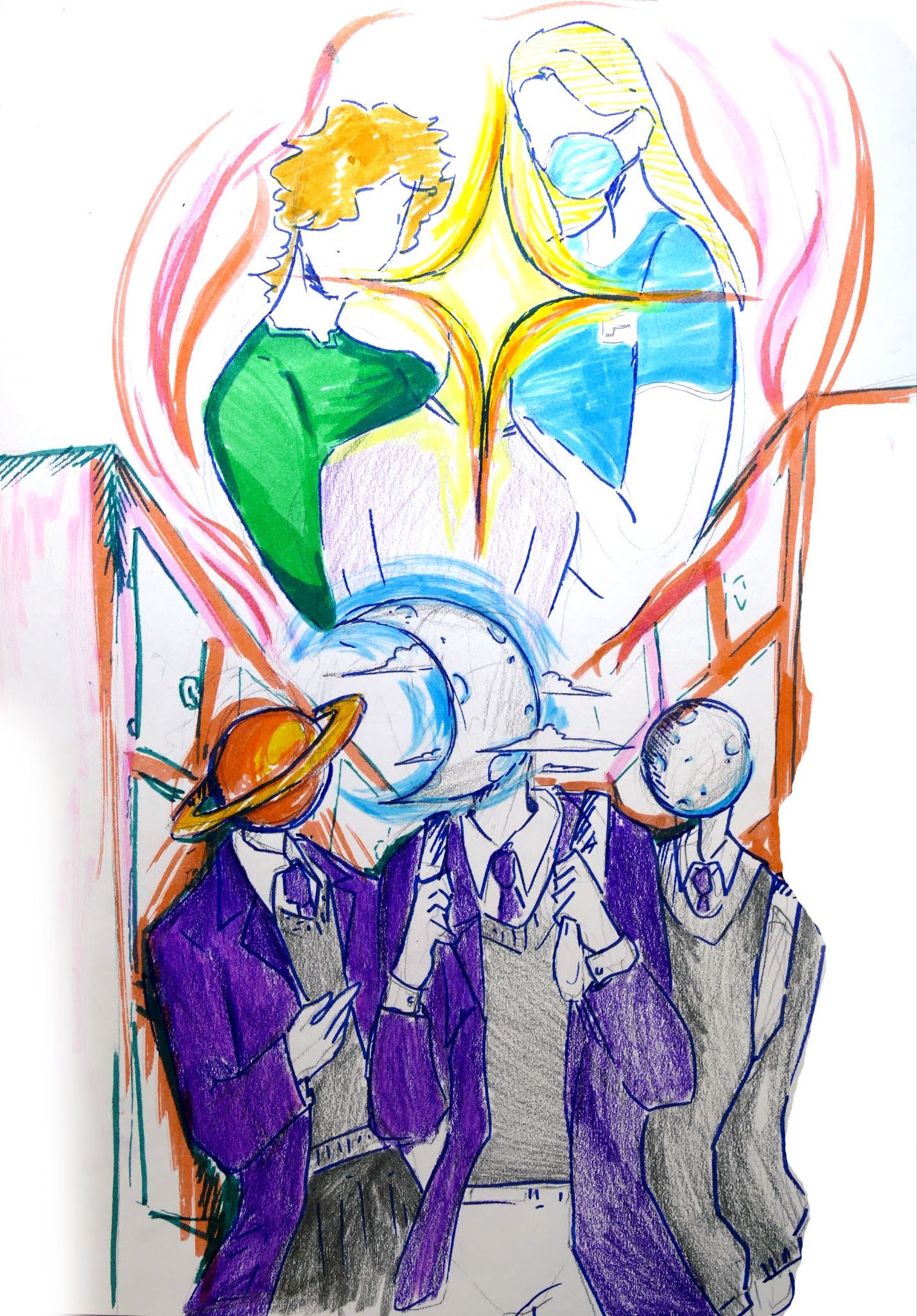 Artwork of students walking down a school hall by Miles a local Young Carer