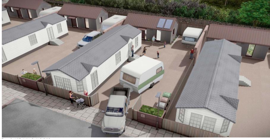 This is a 3D image of what a caravan pitch and facilities at The Pastures will look like.