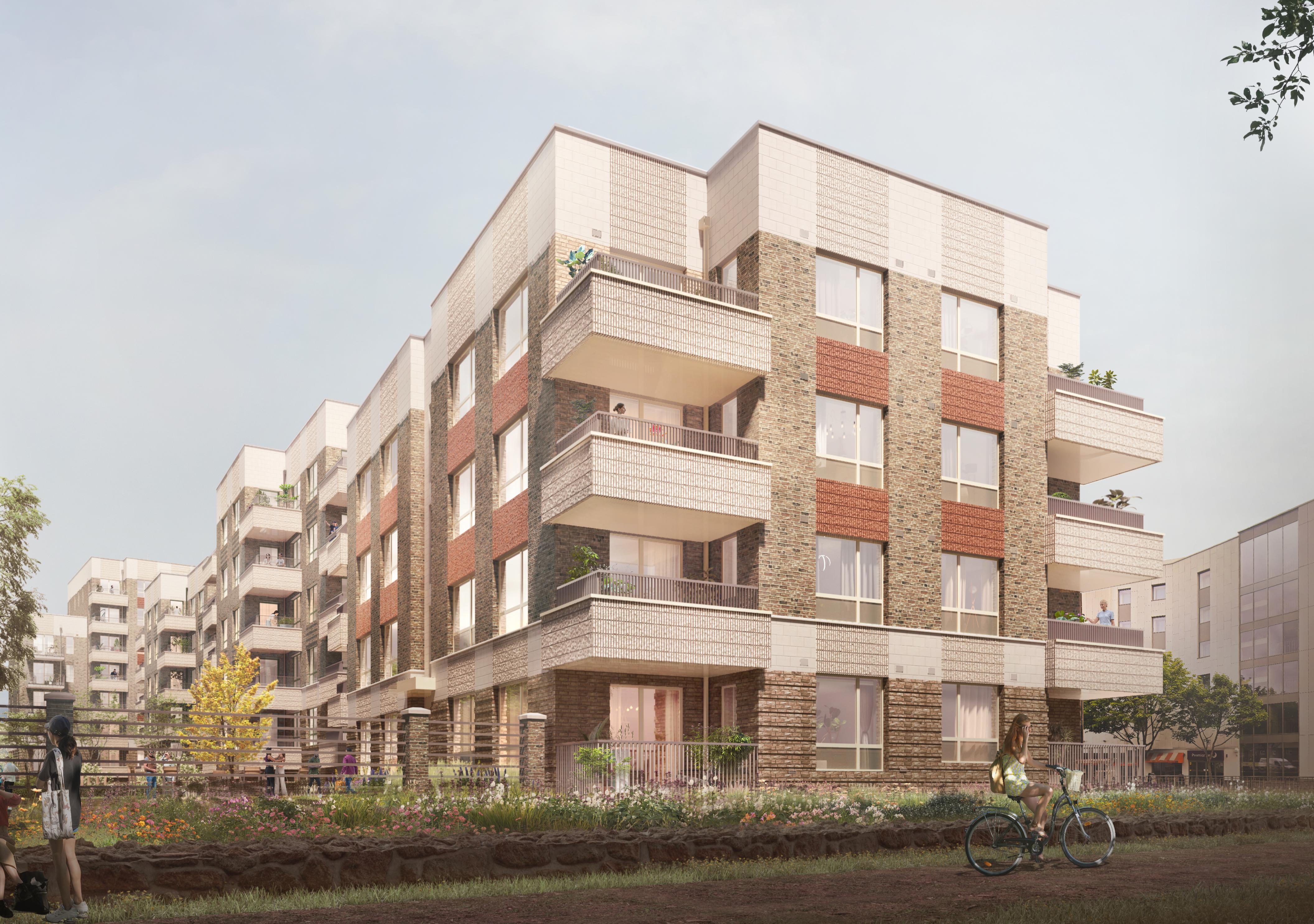 Architect's impression of new build at Beech Tree Place showing modern block of flats