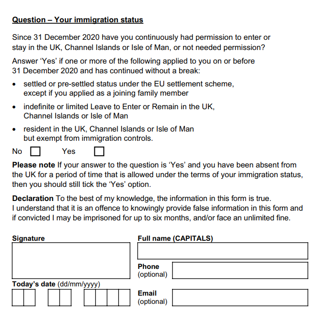 EU Citizens Registration Review Form Example